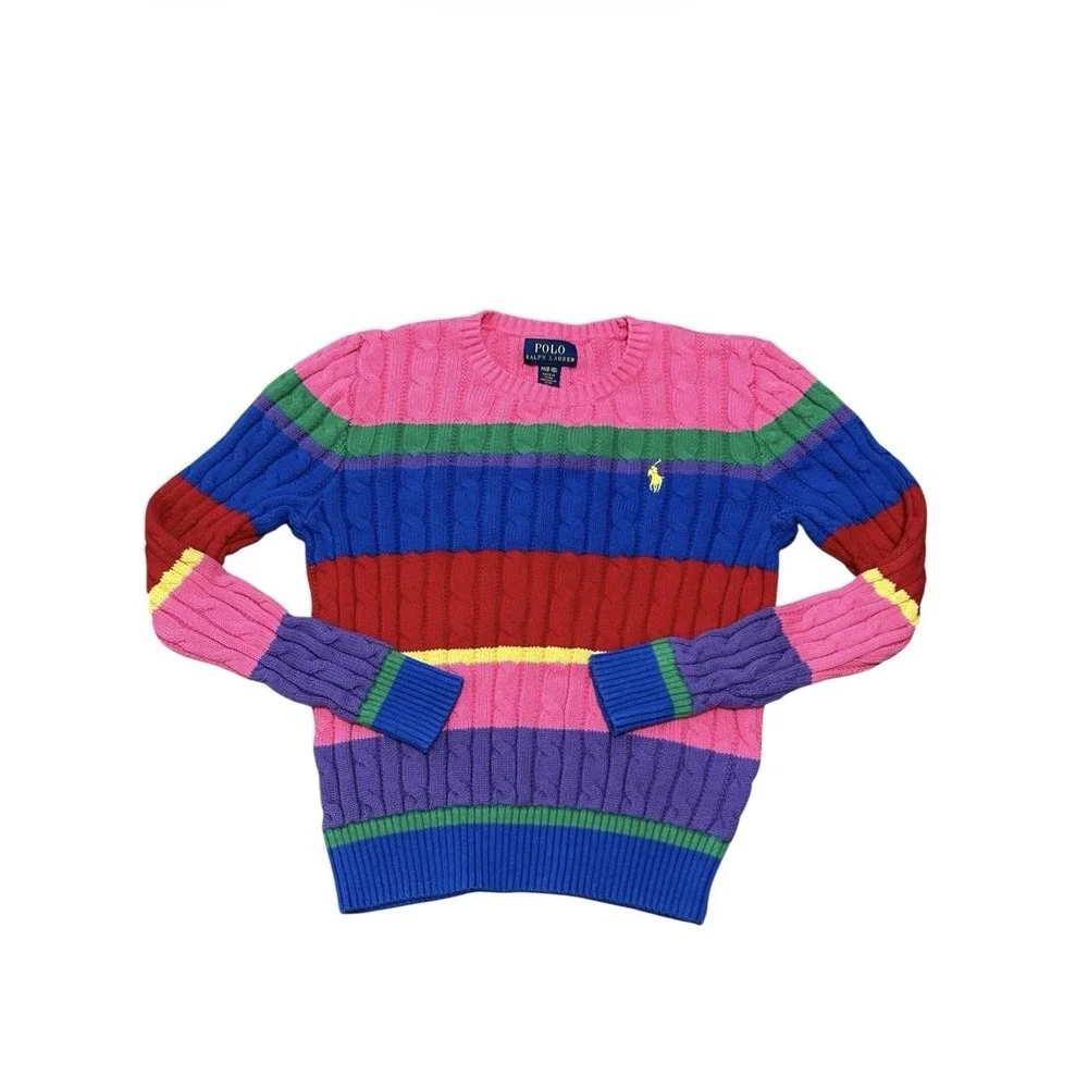 Polo Ralph Lauren Girls Striped Cable Knit Sweater Rainbow Cotton M 8-10